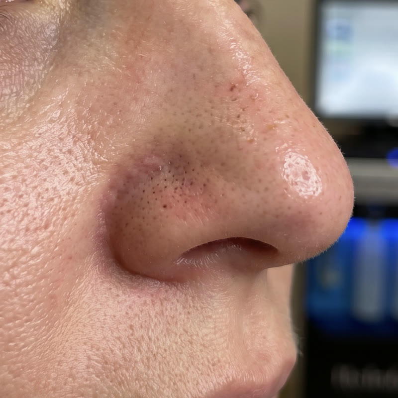 Przed zabiegiem HydraFacial — rozszerzone pory, rumień i nierówna faktura skóry